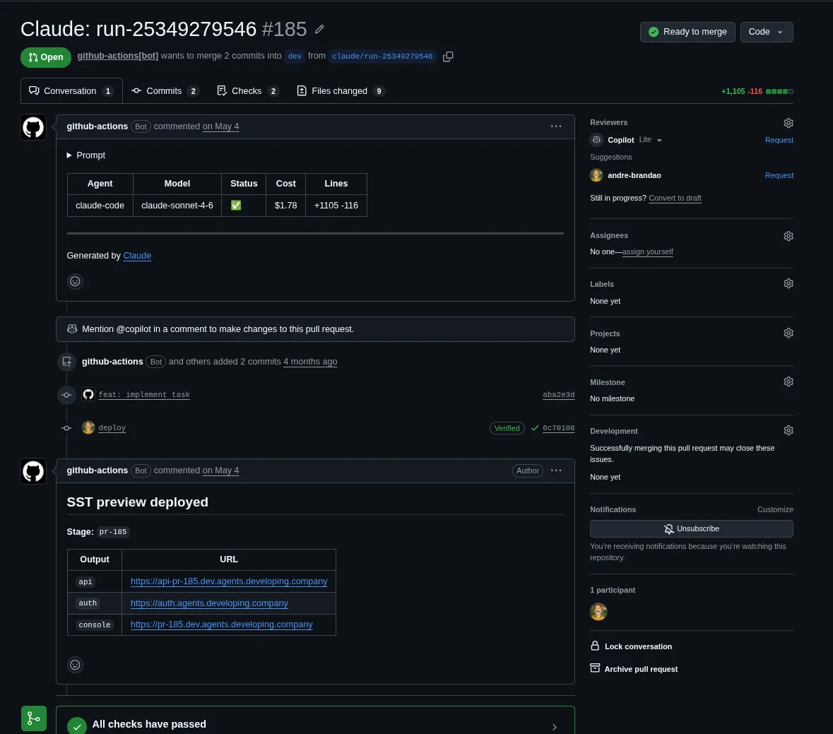 A pull request opened by an agent, with its SST preview deployed