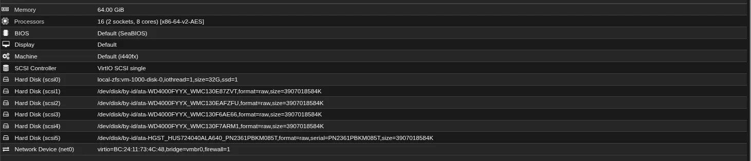 Hardware da VM TrueNAS: cinco discos passados por id